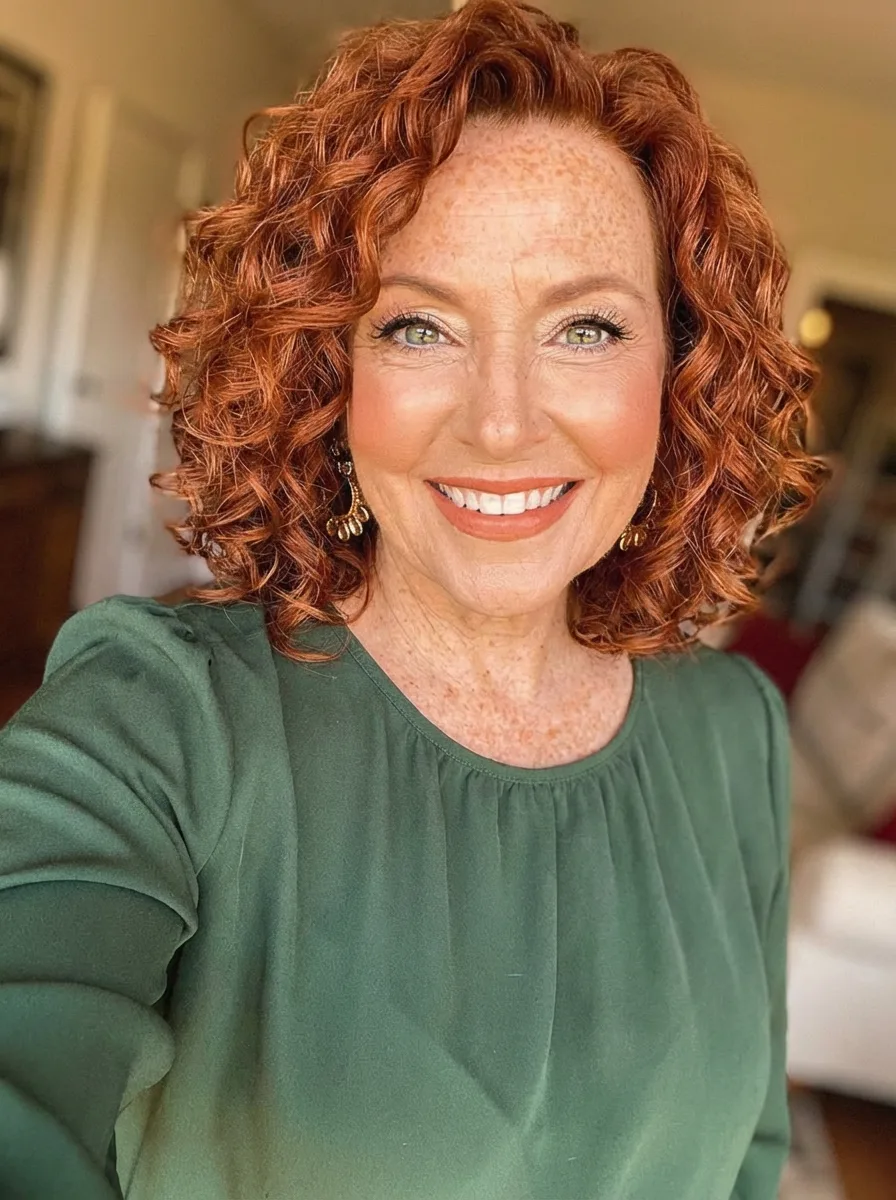 Voluminous Curly Bob in Vibrant Copper Red for Round Faces